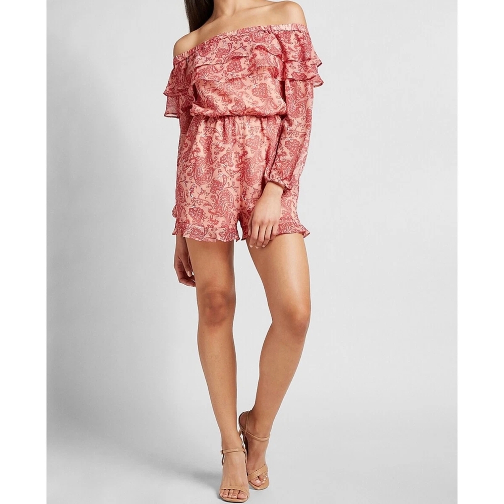 Express Elegant Off-Shoulder Ruffled Paisley Floral Romper Jumpsuit Bodysuit